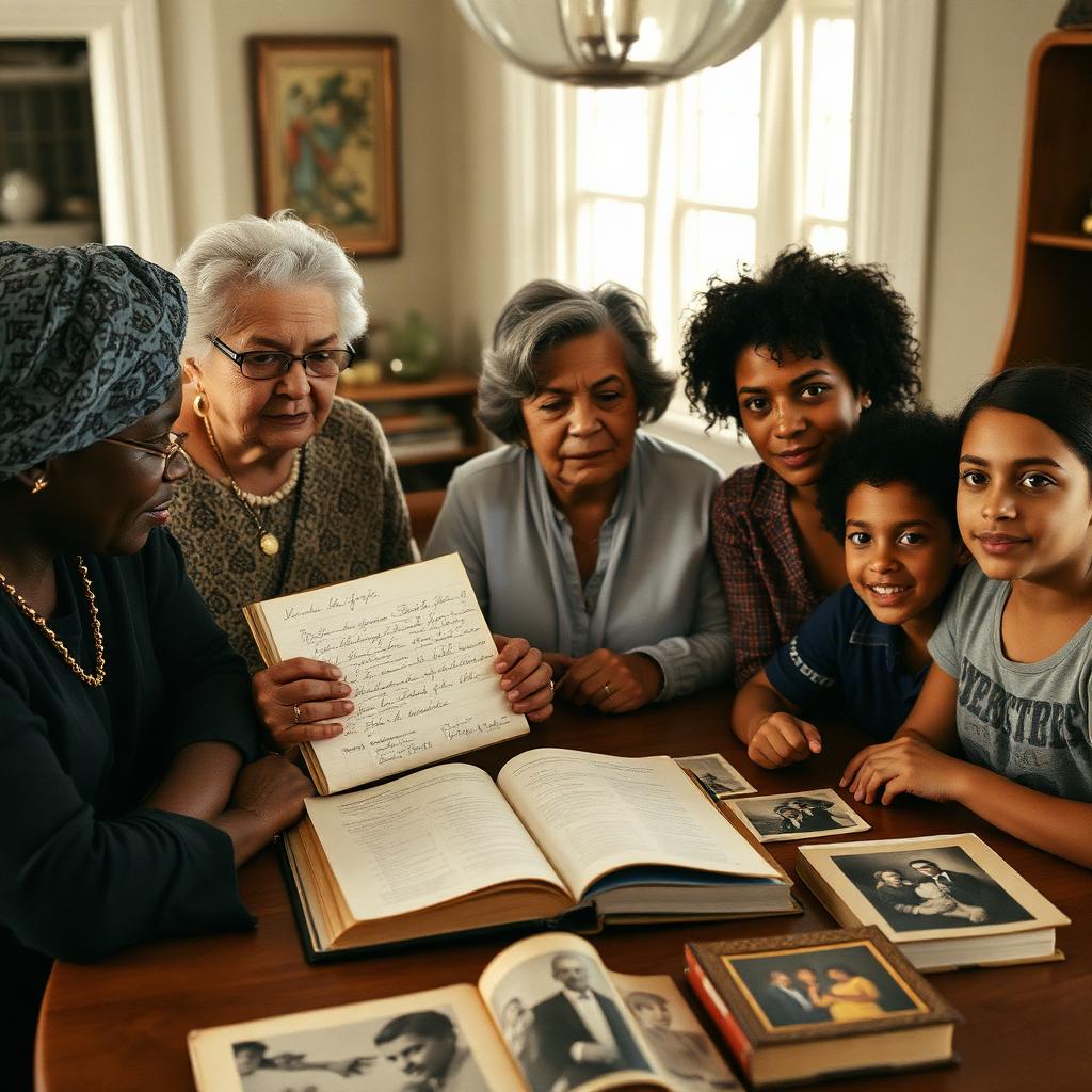 Multi-generational family hands gathered around a kitchen table with heirloom cookbook, recipe cards, and old family photographs